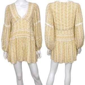 Lulus Era of Style Yellow Floral Print Long Sleeve Babydoll Mini Dress Size S